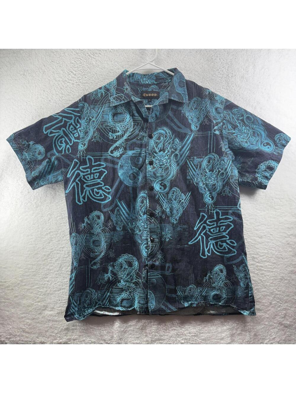 Y2K Taboo Button Up Camp Shirt Mens Large Dragon Chinese Ying Yang Made In USA